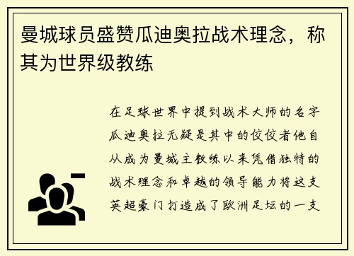曼城球员盛赞瓜迪奥拉战术理念，称其为世界级教练