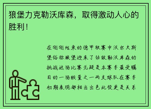 狼堡力克勒沃库森，取得激动人心的胜利！