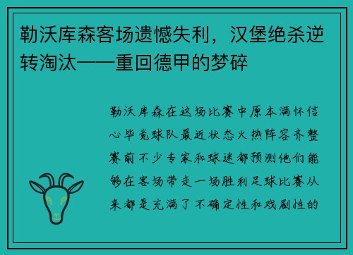 勒沃库森客场遗憾失利，汉堡绝杀逆转淘汰——重回德甲的梦碎