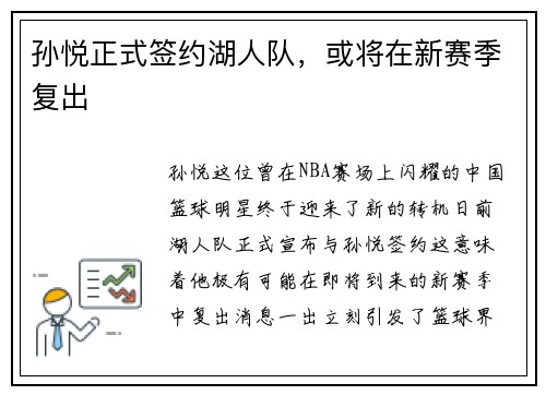 孙悦正式签约湖人队，或将在新赛季复出