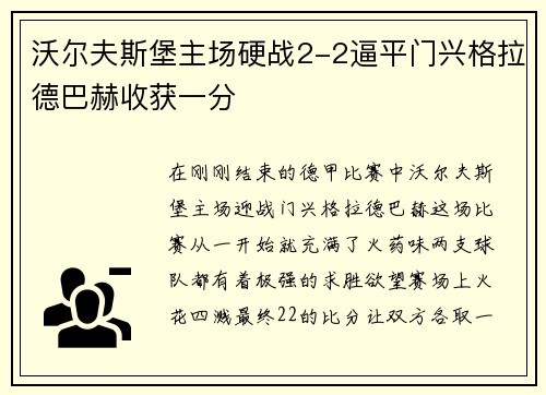 沃尔夫斯堡主场硬战2-2逼平门兴格拉德巴赫收获一分