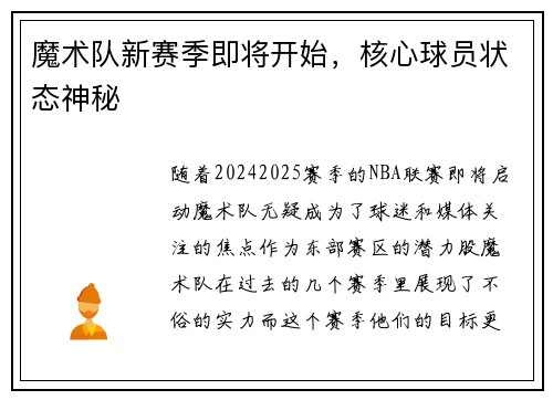 魔术队新赛季即将开始，核心球员状态神秘